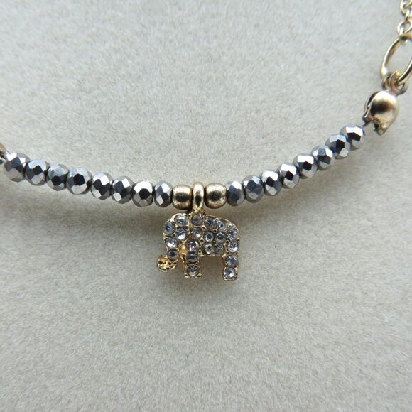 Elephant Charm Necklace 12" Rhinestone Encrusted Silver Tone Metallic Beads - Picture 2 of 8